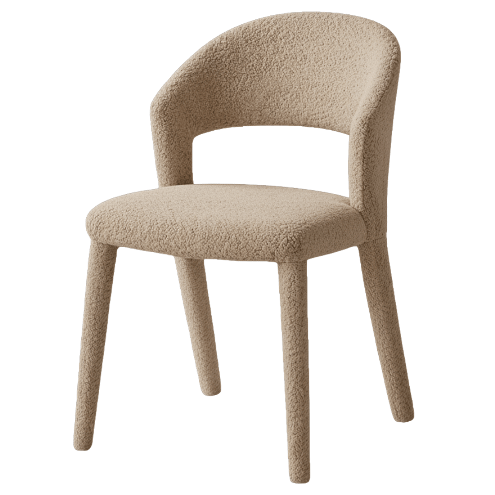 Eetkamerstoelen - Eetkamerstoel zandkleur bouclé Yumi - Japandi - volledig gestoffeerd - Dimehouse