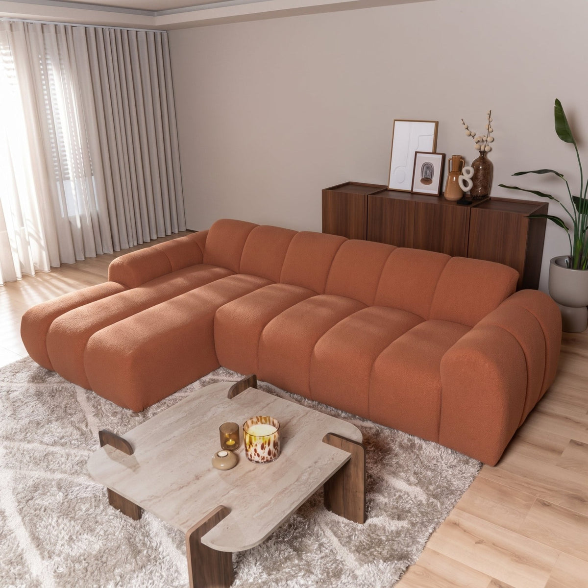 Banken-Hoekbank met lounge koper bouclé stof - strepen - links - Brix-Dimehouse