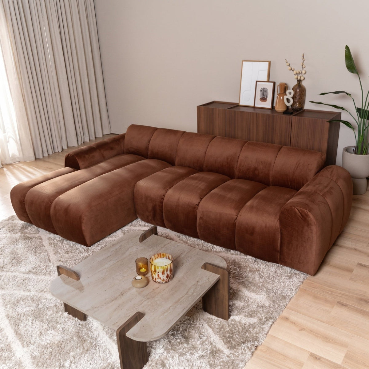 Banken-Hoekbank met lounge koper velvet structuurstof - strepen - links - Brix-Dimehouse