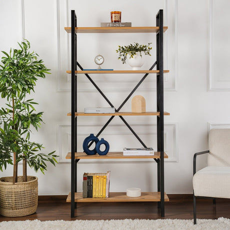 Industriële Boekenkast Ely Atlantisch Dennenhout Melamine - Zwart Frame - 180x90 cm