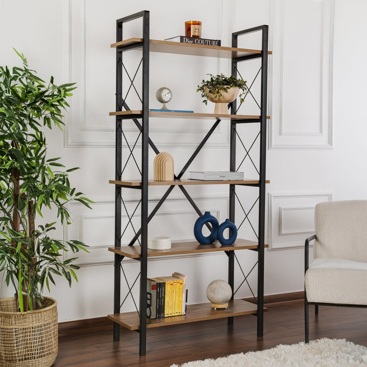 Industriële Boekenkast Ely Walnoot Melamine - Zwart Frame - 180x90 cm