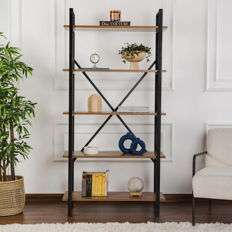 Industriële Boekenkast Ely Walnoot Melamine - Zwart Frame - 180x90 cm