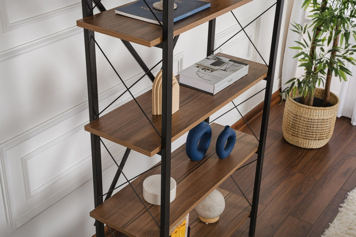 Industriële Boekenkast Ely Walnoot Melamine - Zwart Frame - 180x90 cm