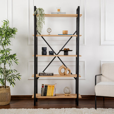 Industriële Boekenkast Ely Eiken Melamine - Zwart Frame - 180x90 cm