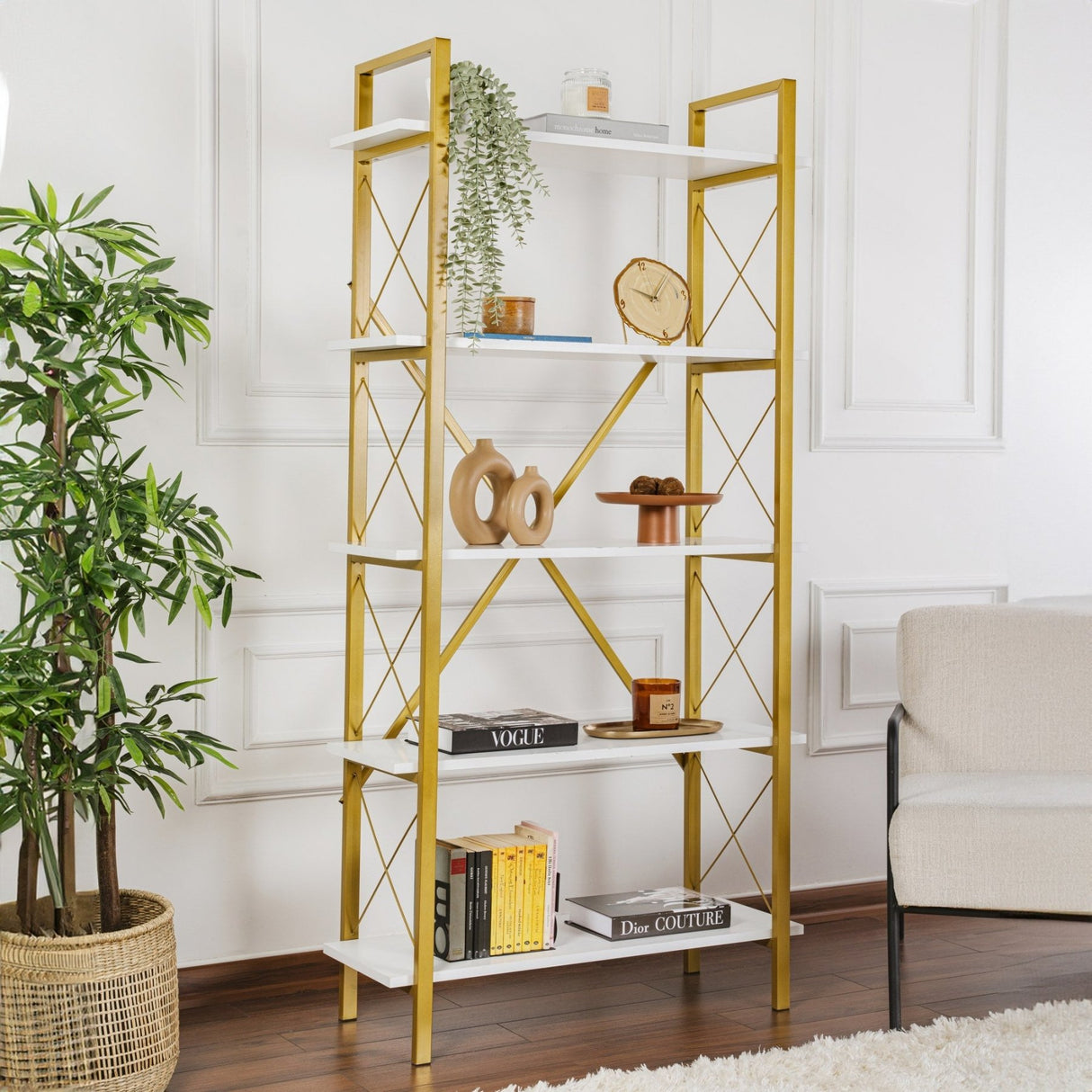 Industriële Boekenkast Ely Wit Hout Melamine - Gouden Frame - 180x90 cm