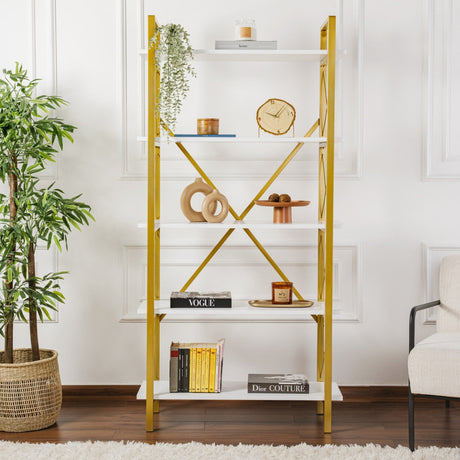 Industriële Boekenkast Ely Wit Hout Melamine - Gouden Frame - 180x90 cm