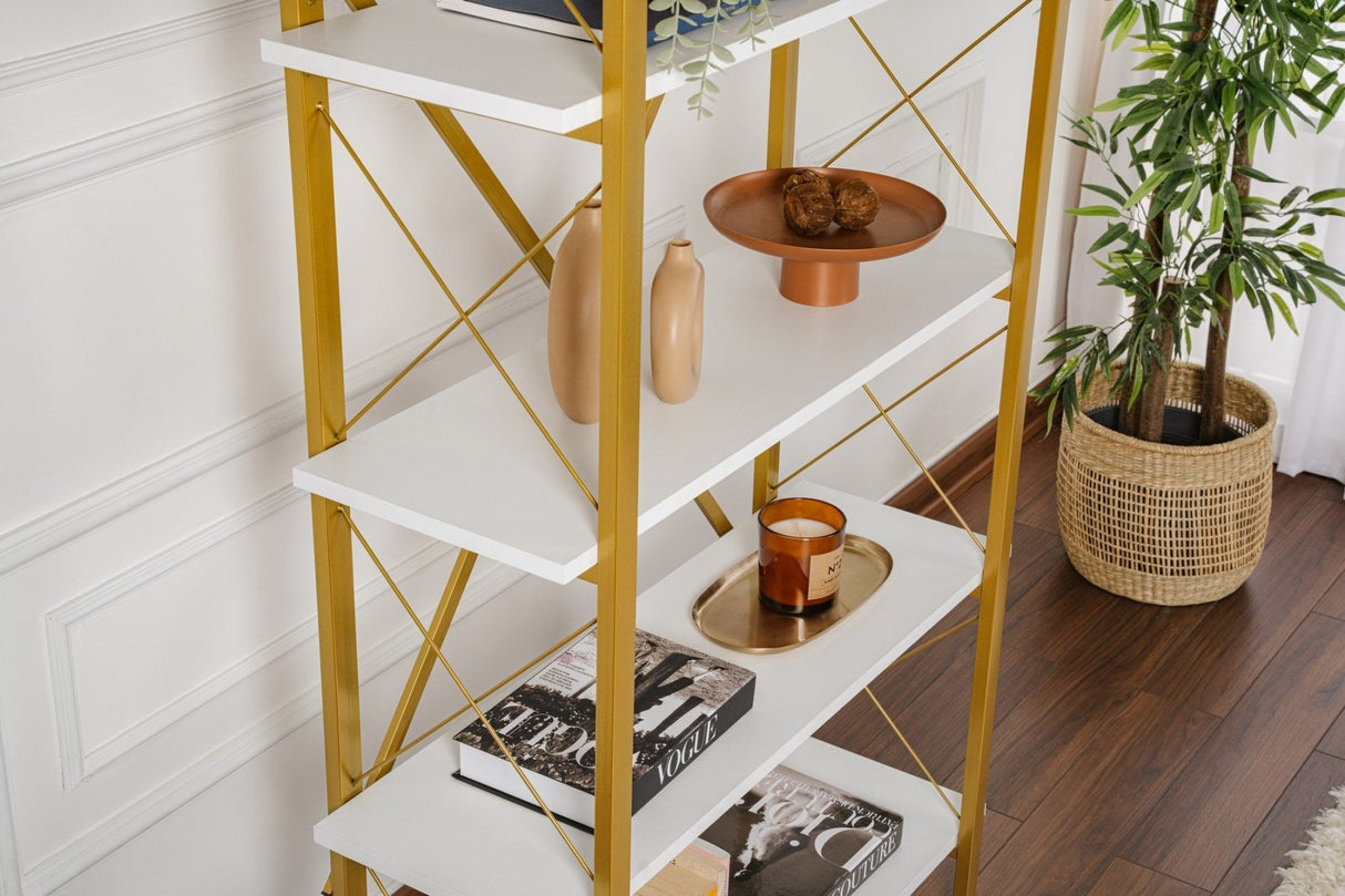 Industriële Boekenkast Ely Wit Hout Melamine - Gouden Frame - 180x90 cm