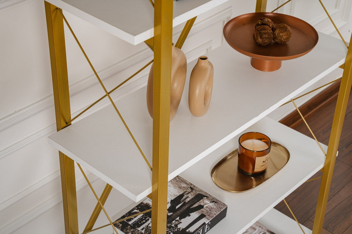 Industriële Boekenkast Ely Wit Hout Melamine - Gouden Frame - 180x90 cm