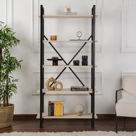Industriële Boekenkast Ely Travertin Melamine - Zwart Frame - 180x90 cm
