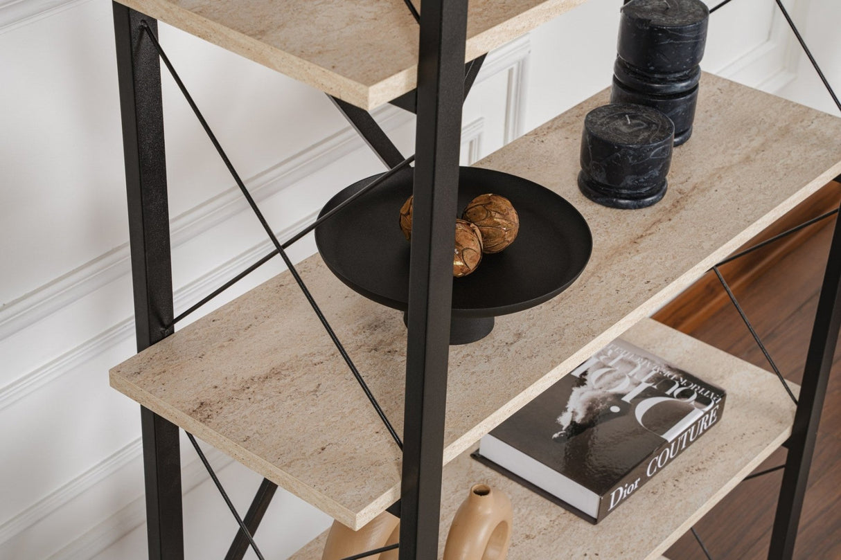 Industriële Boekenkast Ely Travertin Melamine - Zwart Frame - 180x90 cm