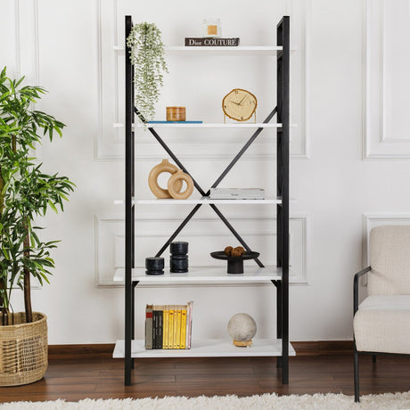 Industriële Boekenkast Ely Wit Hout Melamine - Zwart Frame - 180x90 cm