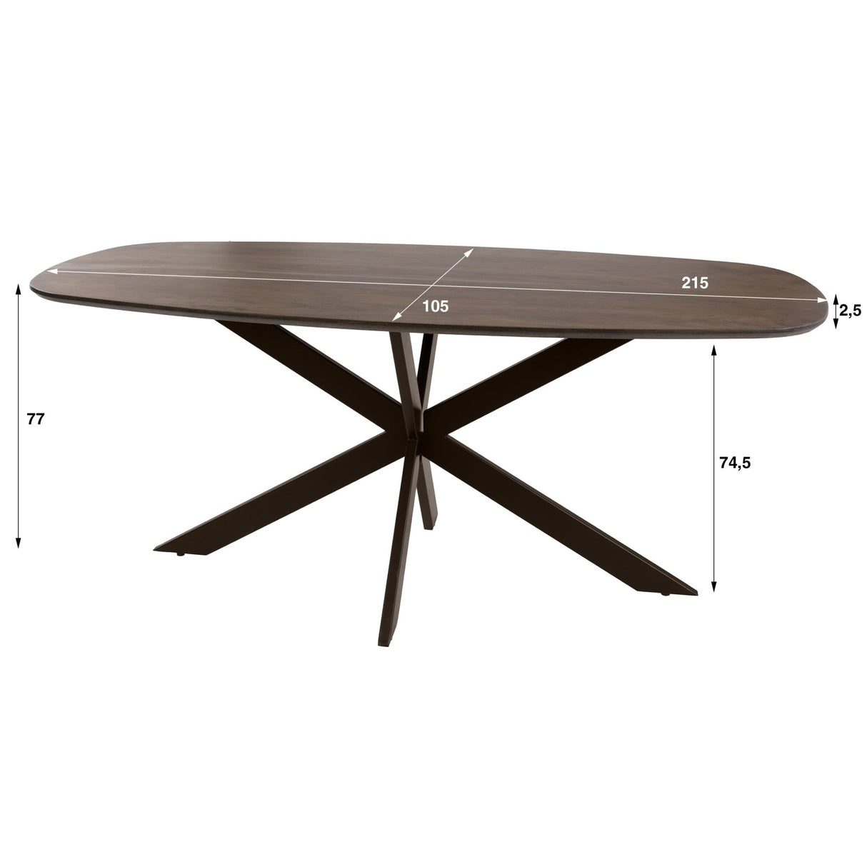 Eettafels - Deens ovale eettafel walnoot bruin massief acaciahout Tavon 215x105 cm - Dimehouse