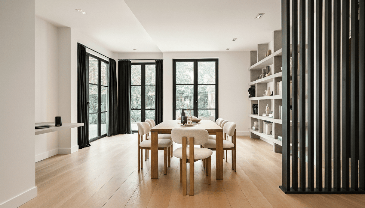 Japandi Eetkamerstoel Miyo Bouclé Zandkleur - Walnootlook Frame