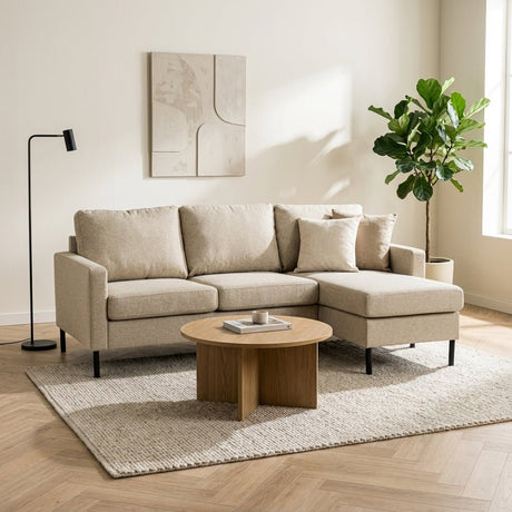 3-zits hoekbank Blair stof beige links en rechts sfeerfoto in modern interieur