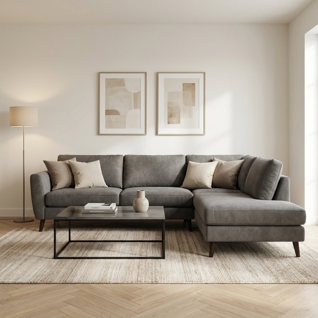 3-zits hoekbank Callum stof taupe rechts sfeerfoto in modern interieur