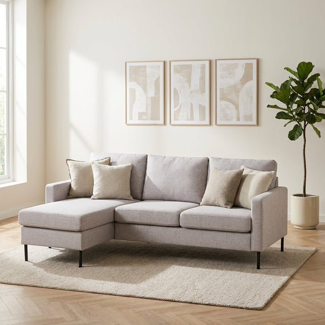 3-zits hoekbank Flavie stof grijs links en rechts sfeerfoto in modern interieur