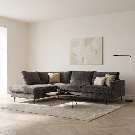 3-zits hoekbank Nevada stof antraciet links sfeerfoto in modern interieur