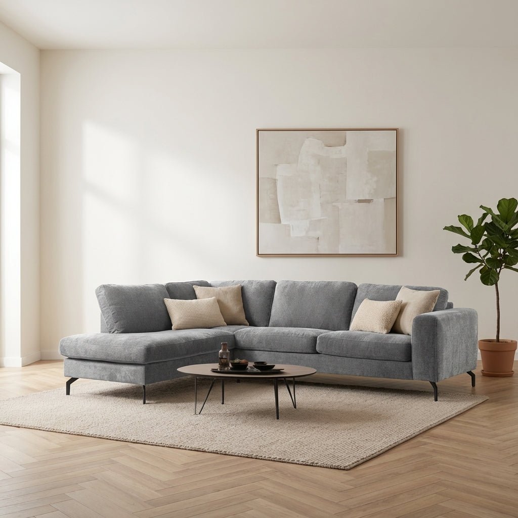 3-zits hoekbank Perla stof grijs links sfeerfoto in modern interieur