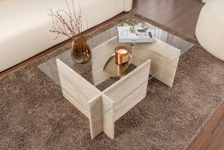 Rechthoekige Moderne Salontafel Vetroni Travertin Look - Glas - 105x65 cm
