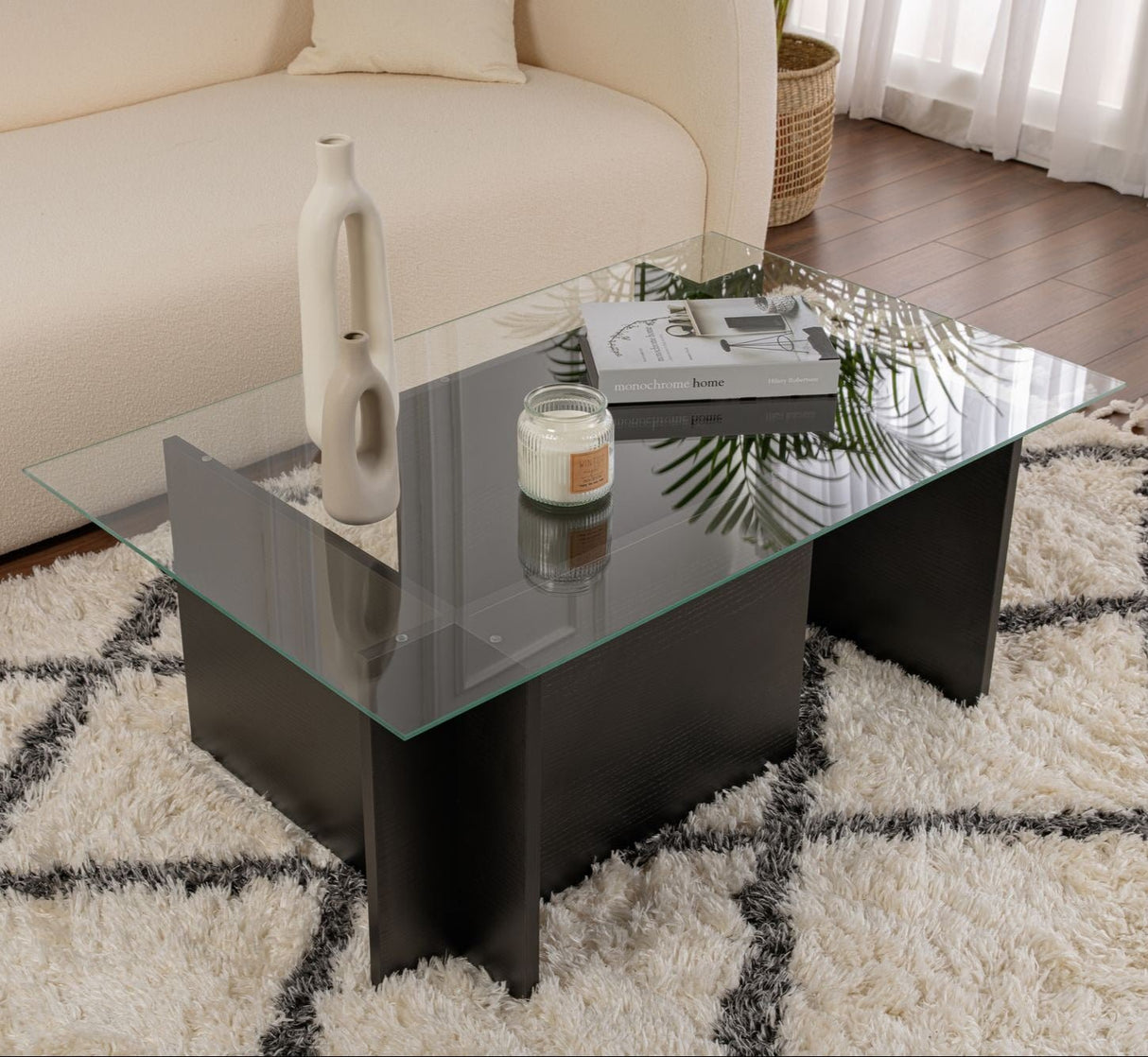 Rechthoekige Moderne Salontafel Vetroni Zwart Hout Look - Glas - 105x65 cm