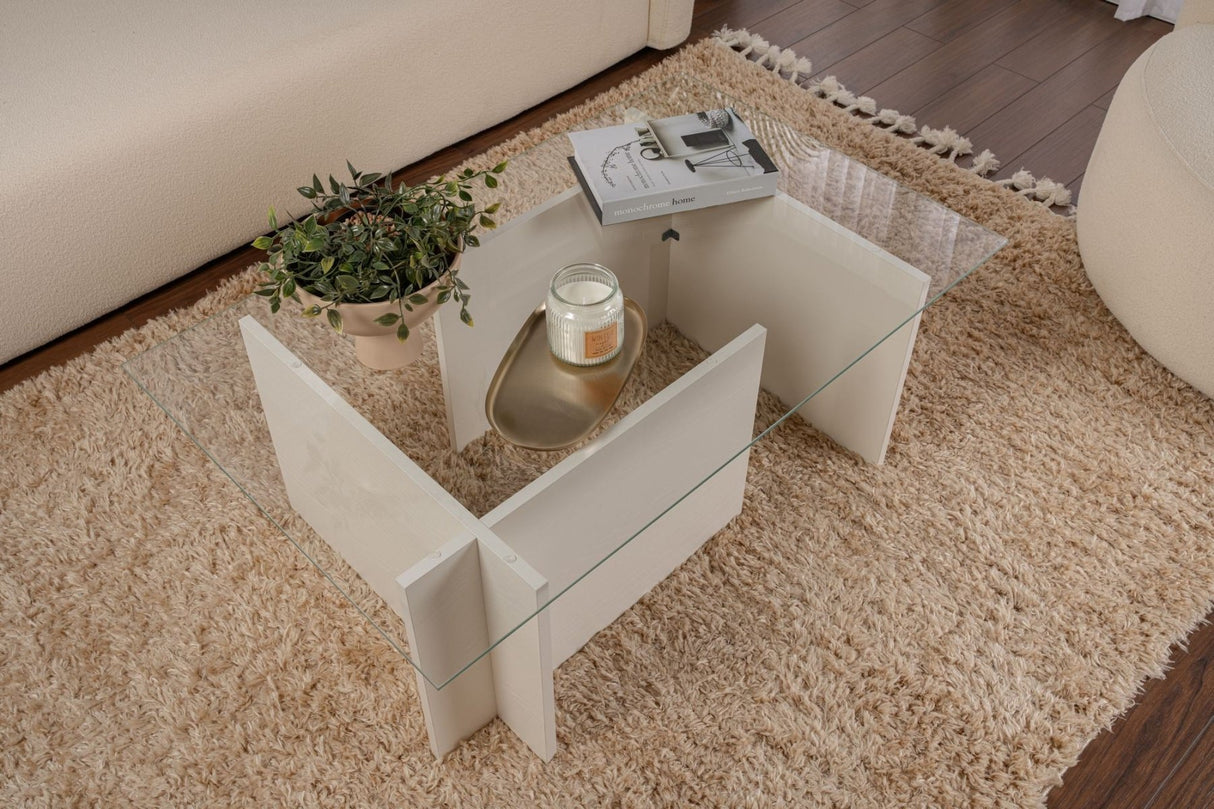 Rechthoekige Moderne Salontafel Vetroni Wit Hout Look - Glas - 105x65 cm