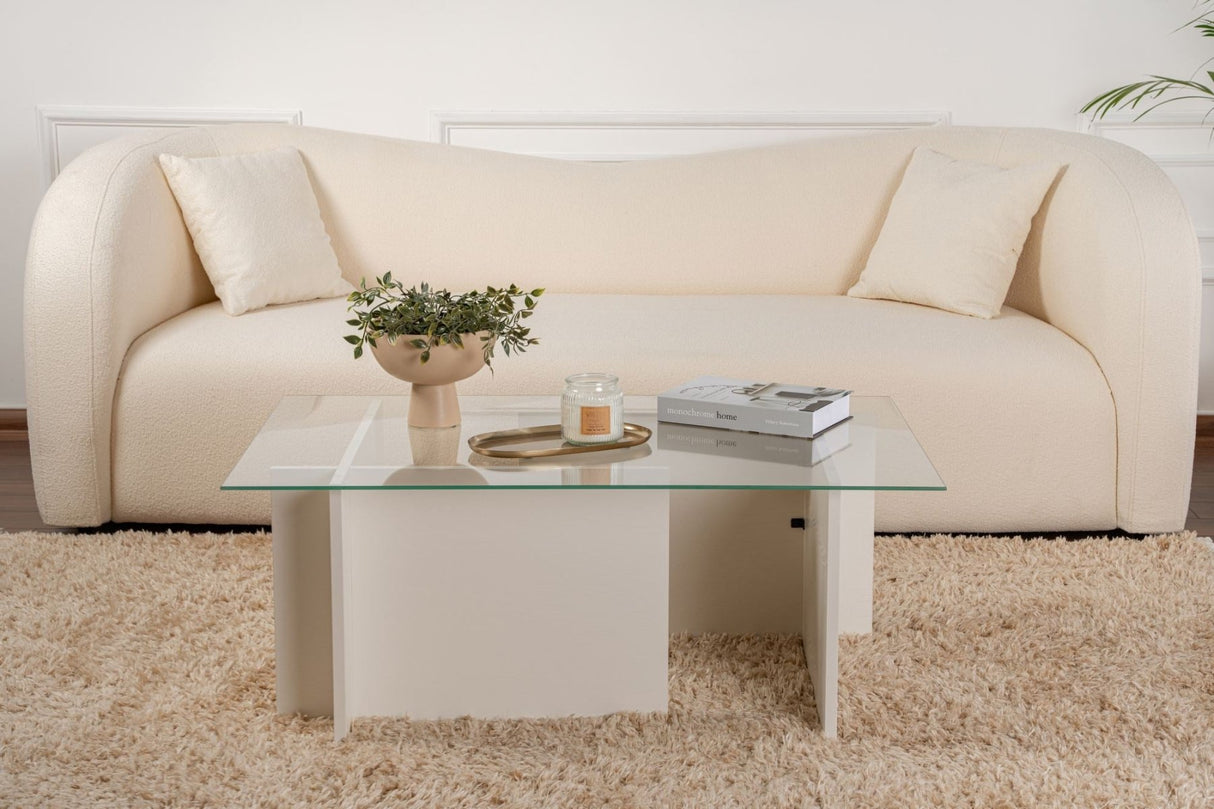 Rechthoekige Moderne Salontafel Vetroni Wit Hout Look - Glas - 105x65 cm