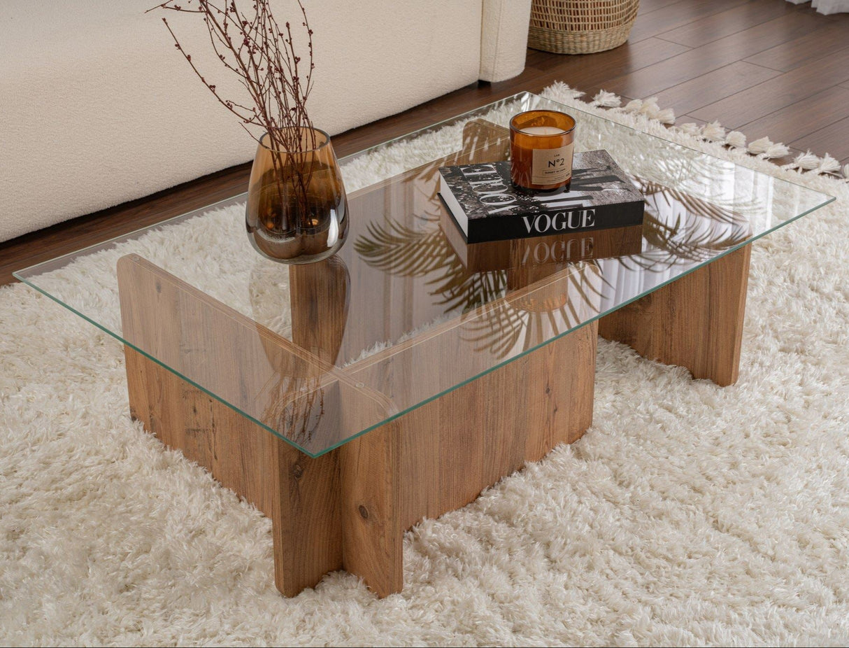 Salontafel Atlantisch Dennenhout Melamine Glas Opal 105x65x30 cm