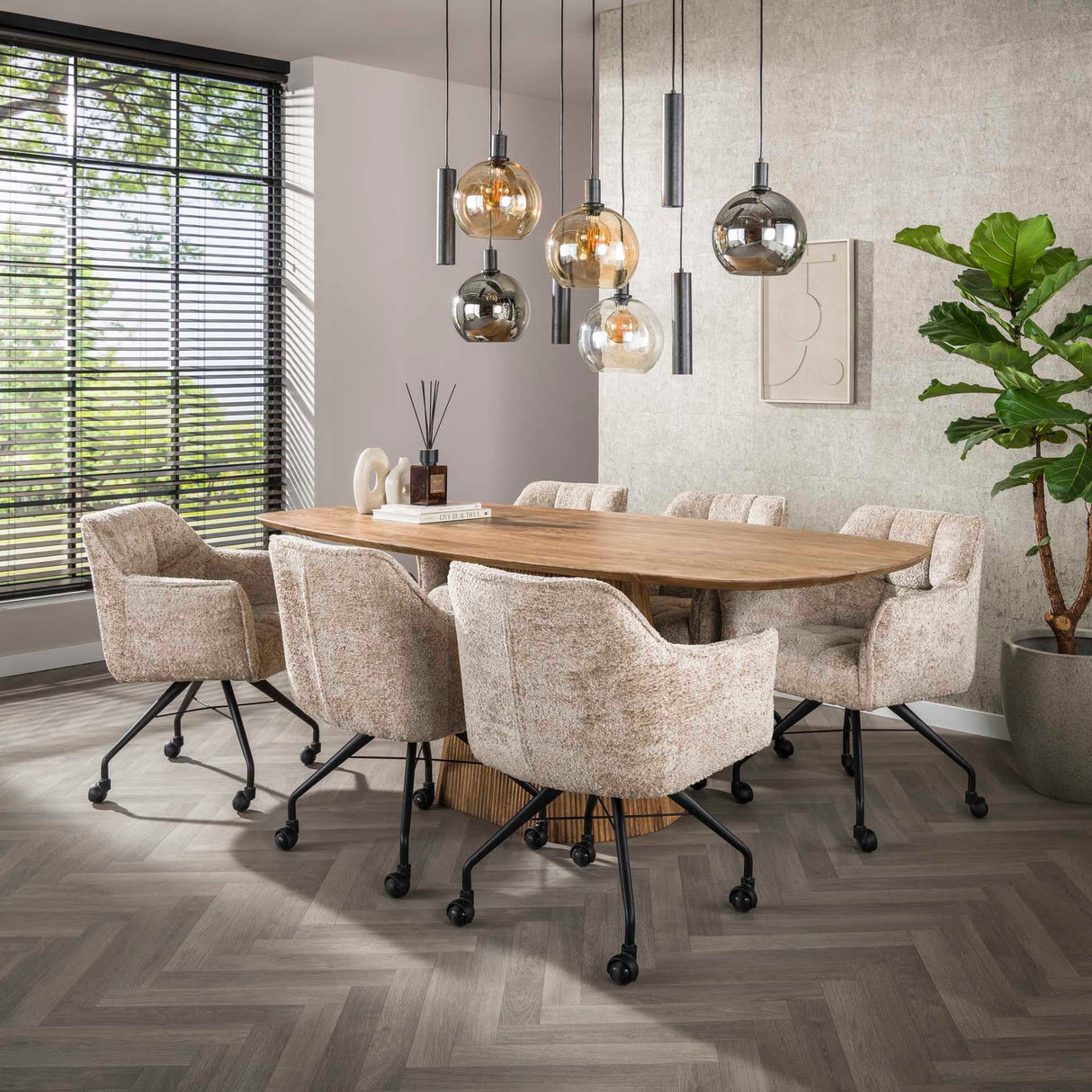 Set van 2 Eetkamerstoelen Tova Stof Alura Zand Met Wieltjes