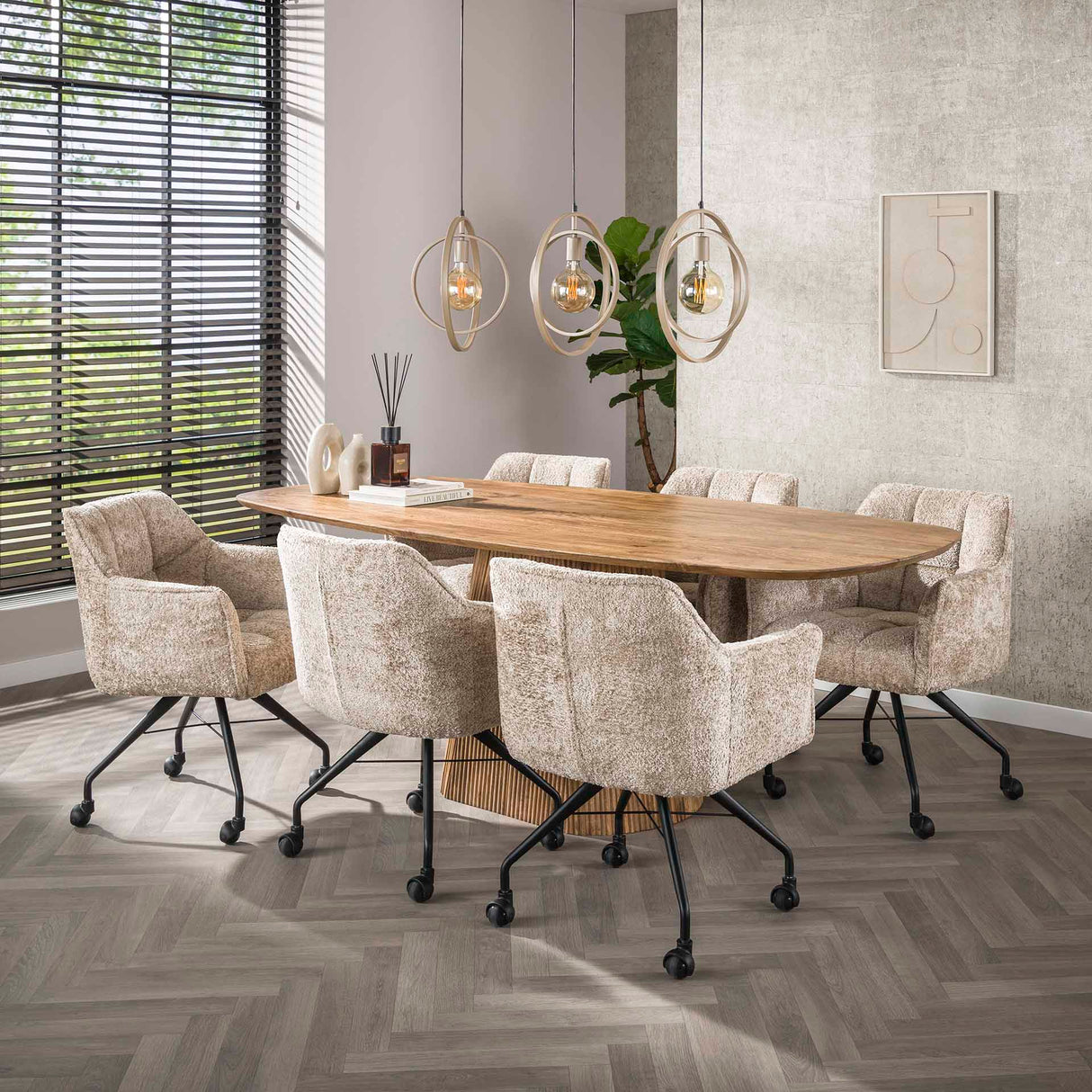 Set van 2 Eetkamerstoelen Tova Stof Alura Zand Met Wieltjes