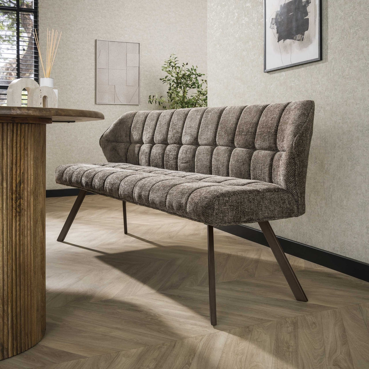 Eetkamerbank raster taupebruin chenille