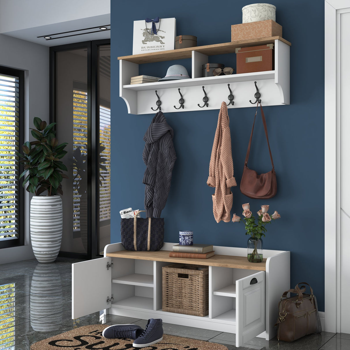 Meubelset Kapstok - Schoenenkast - Wit-Walnoot Melamine
