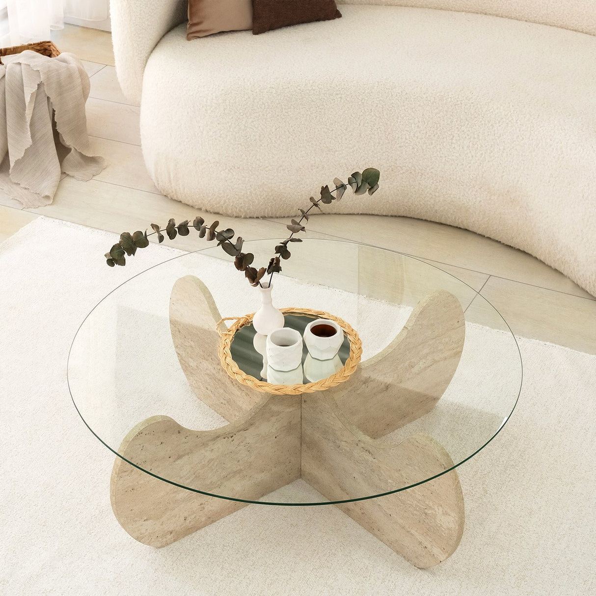 Salontafel Rond Glas 75 cm Travertijn - Hima