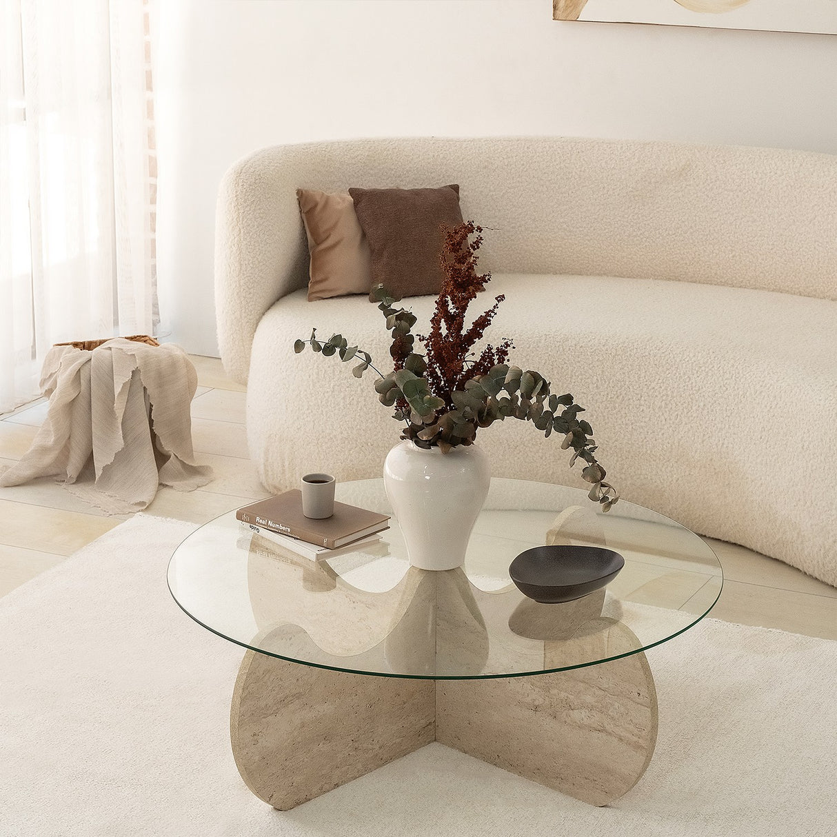 Salontafel Rond Glas 75 cm Travertijn - Hima