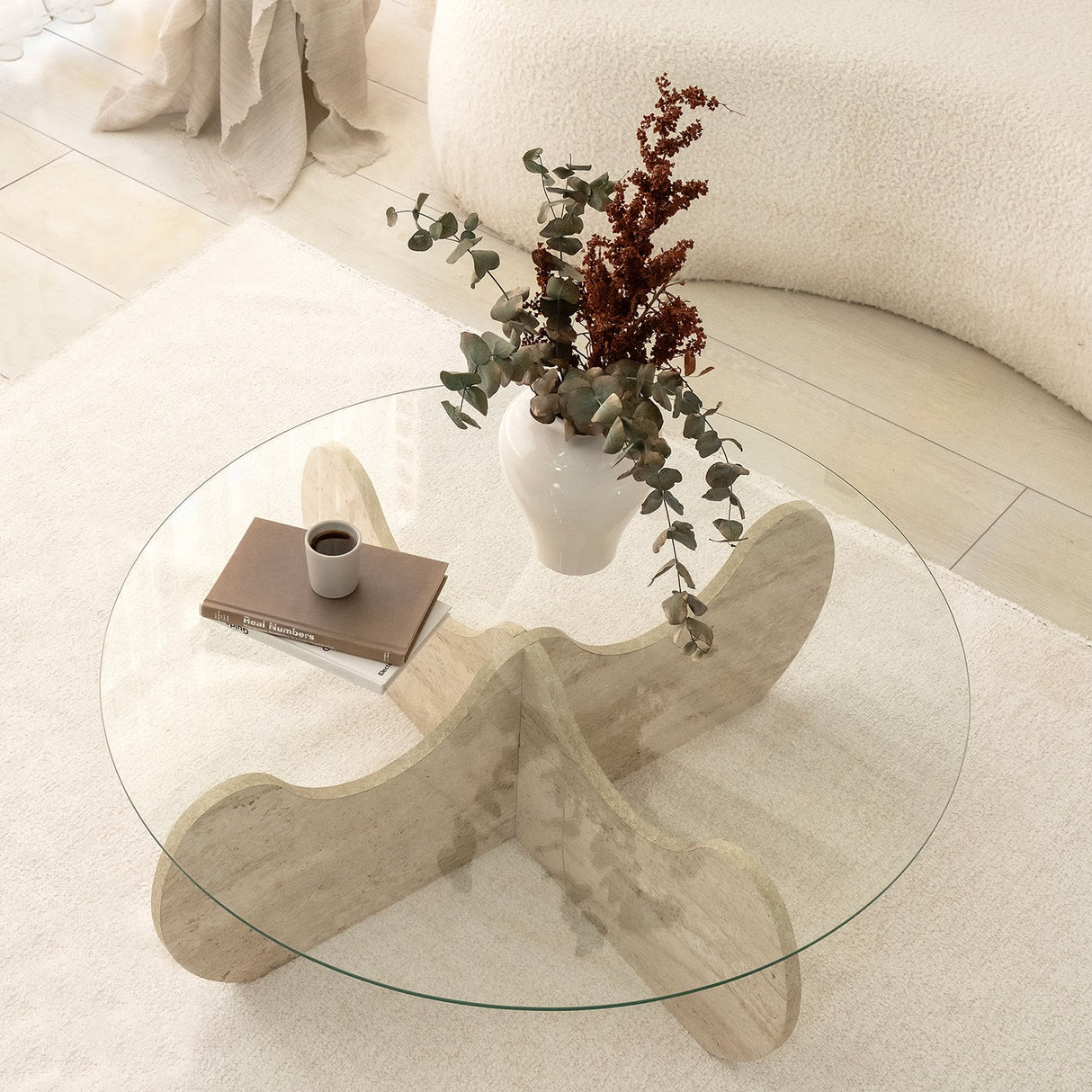 Salontafel Rond Glas 75 cm Travertijn - Hima