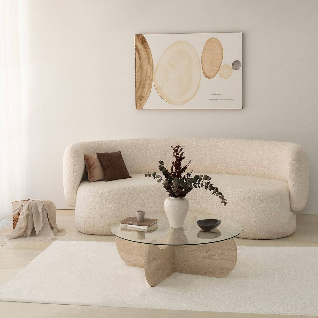 Salontafel Rond Glas 75 cm Travertijn - Hima