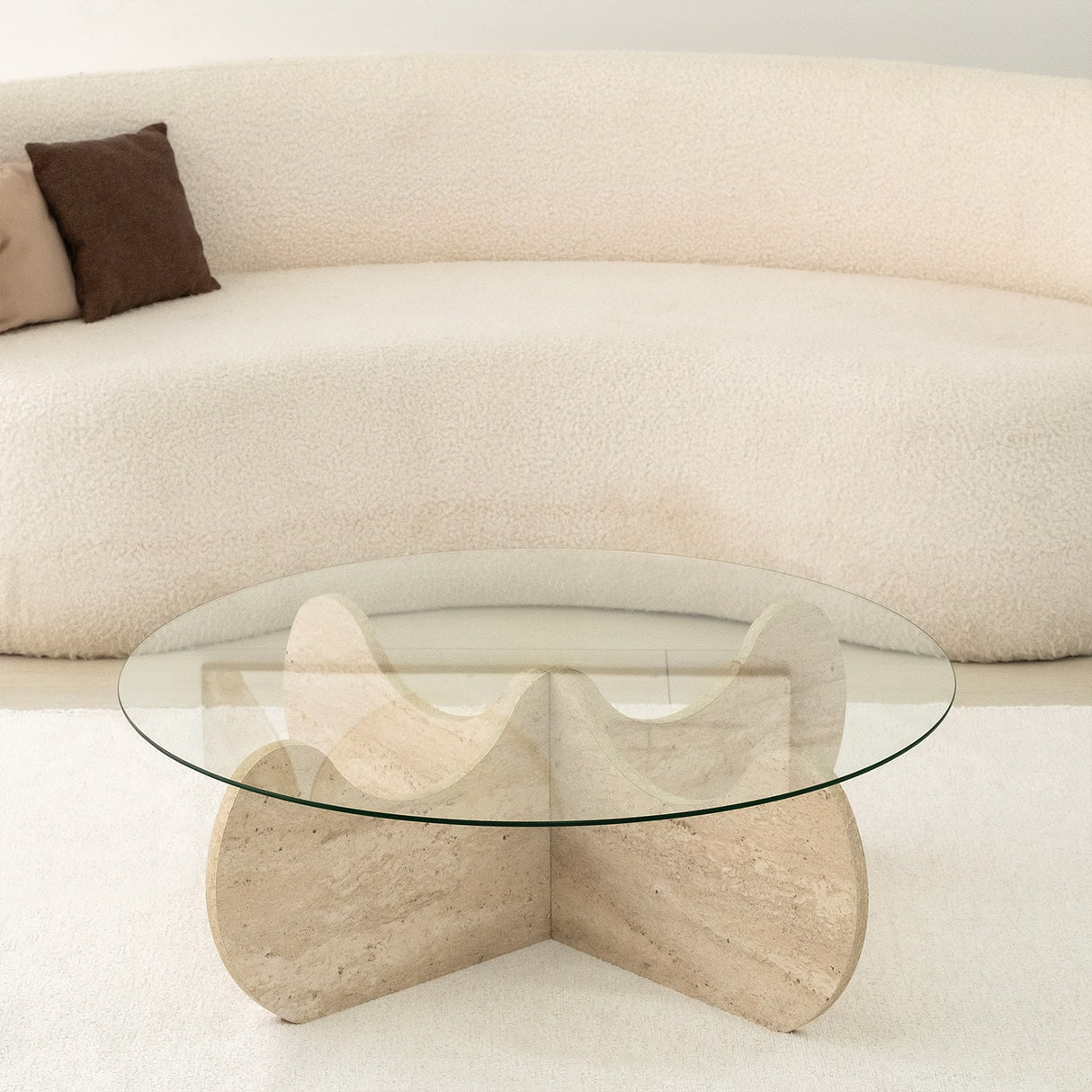 Salontafel Rond Glas 75 cm Travertijn - Hima