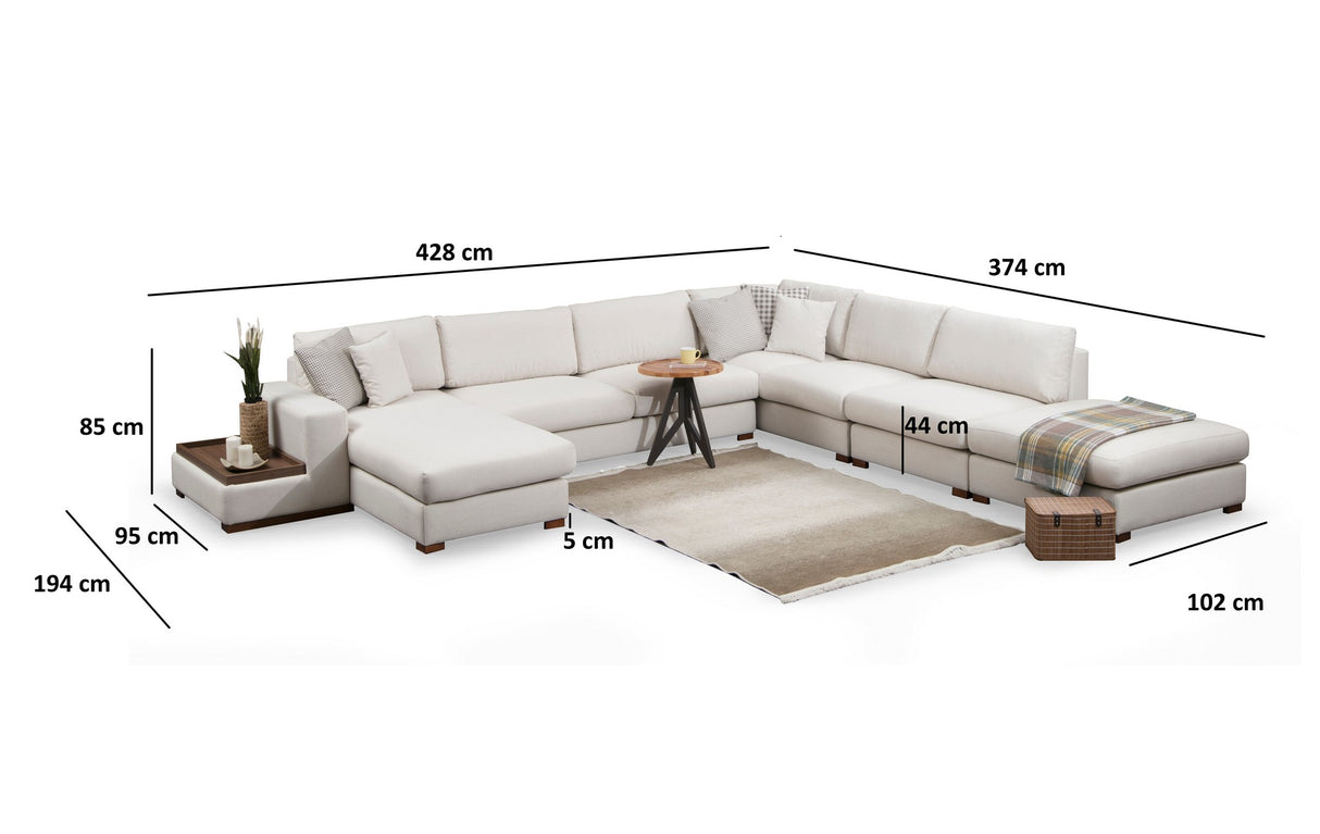 U Hoekbank Rechts Loop Beige - Met Hocker & Tafel