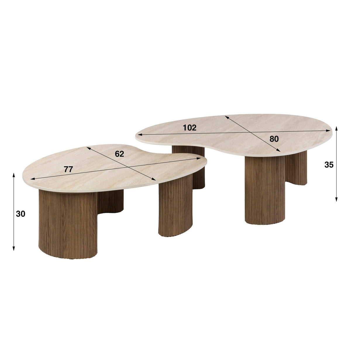 Set van 2 organische salontafels Cruz - keramiek Travertin eikenhout-look ribbel