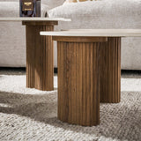 Set van 2 organische salontafels Cruz - keramiek Travertin eikenhout-look ribbel