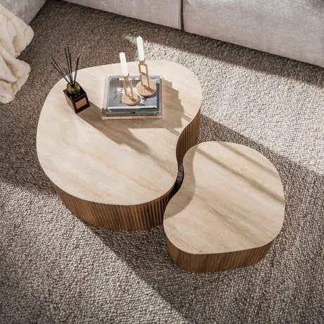 Set van 2 organische salontafels Cruz bold - keramiek Travertin eikenhout-look ribbel