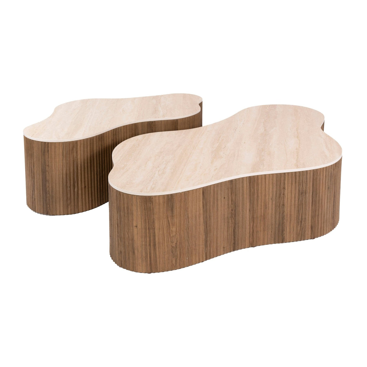 Set van 2 organische salontafels Cruz grand - keramiek Travertin eikenhout-look ribbel