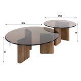 Set van 2 ronde salontafels glazen blad en eikenhout-look poten witfoto met afmetingen