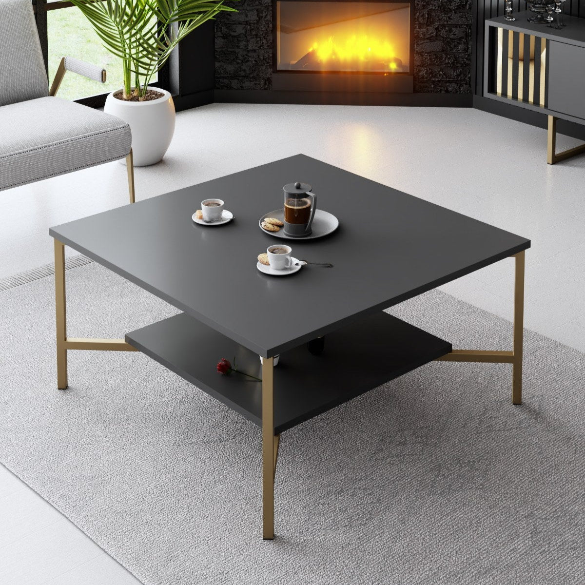 Vierkante Salontafel Antraciet Gold Line 80x80 - Gouden Frame