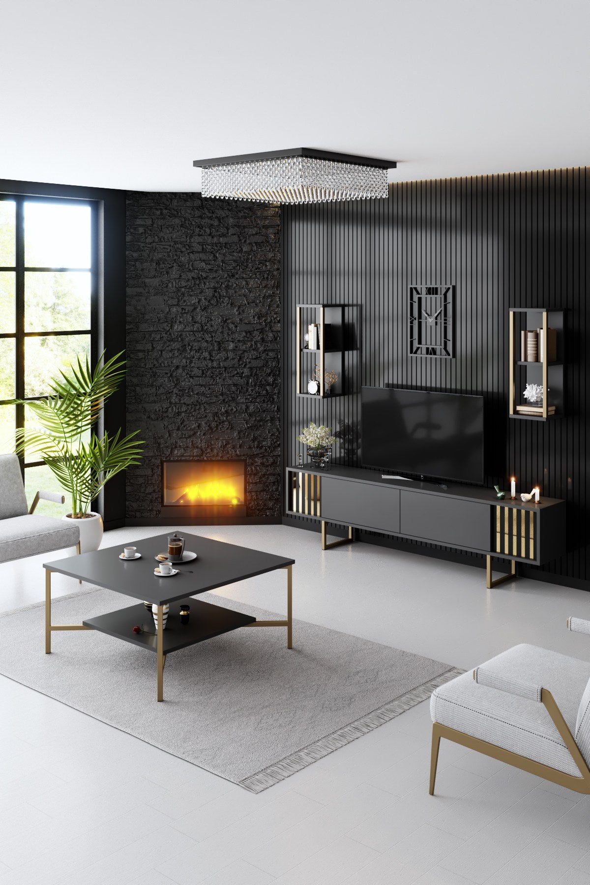 Vierkante Salontafel Antraciet Gold Line 80x80 - Gouden Frame