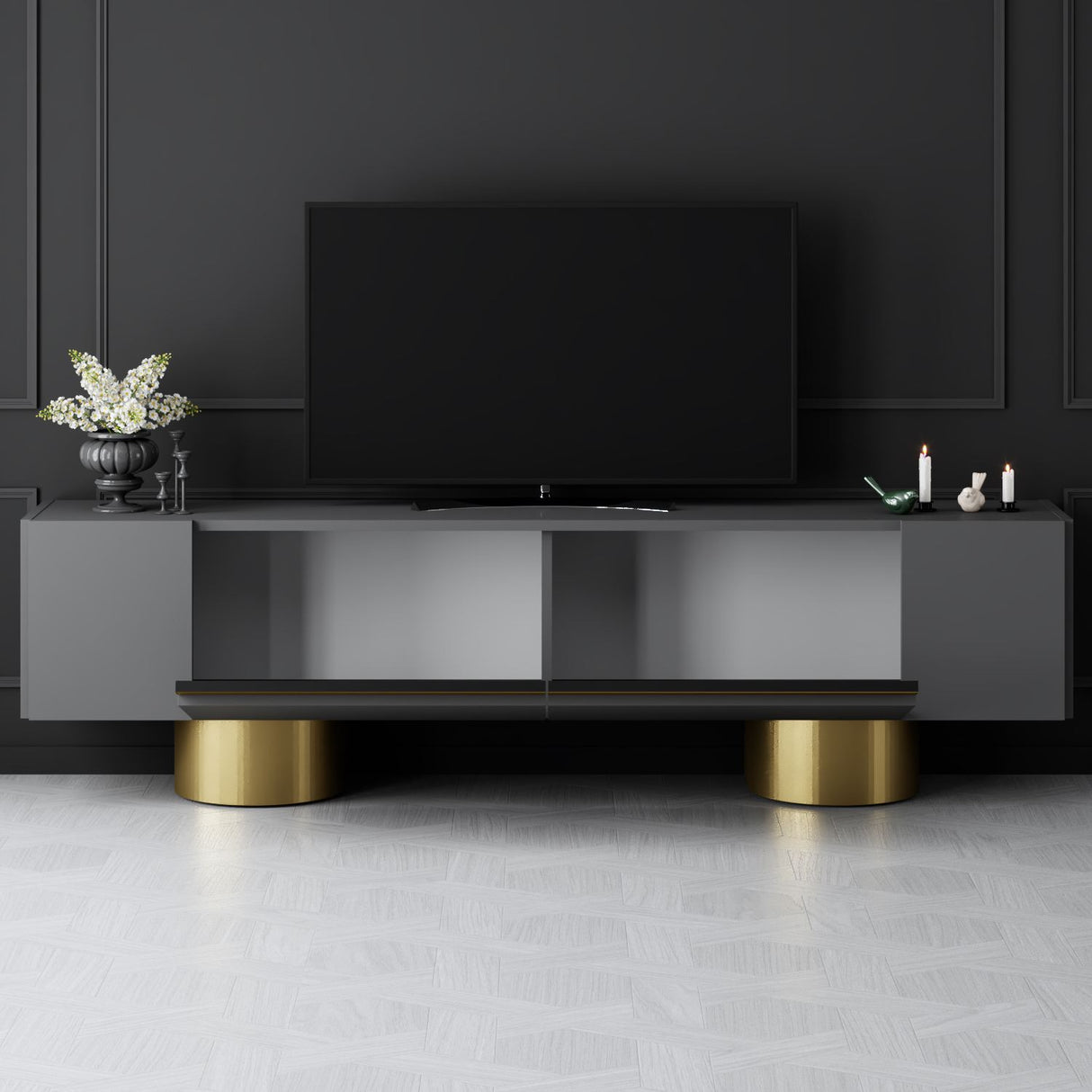 TV Meubel Antraciet Bohem 180x50x30 - Gouden Frame