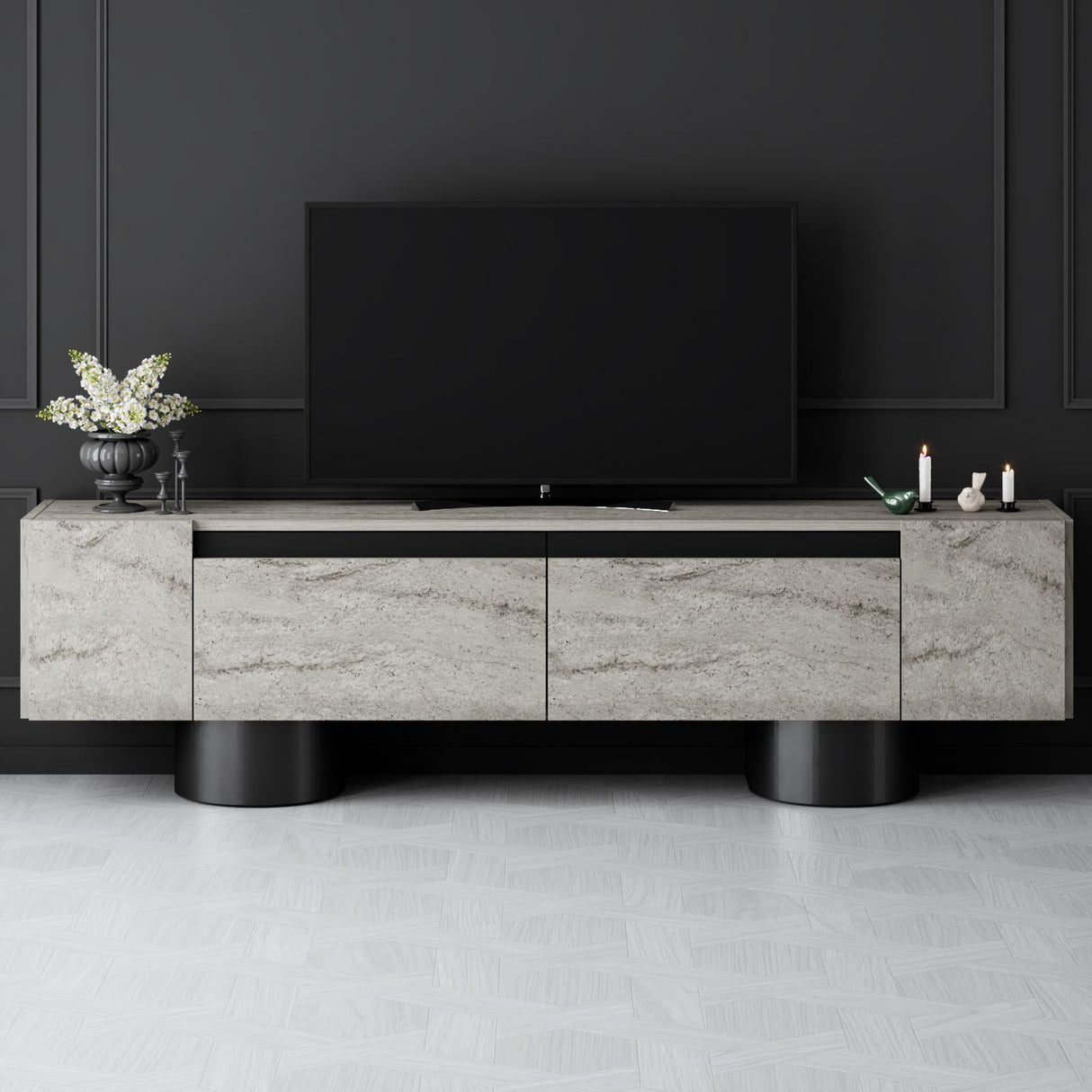 TV Meubel Travertijn Bohem 180x50x30 - Zwart Frame