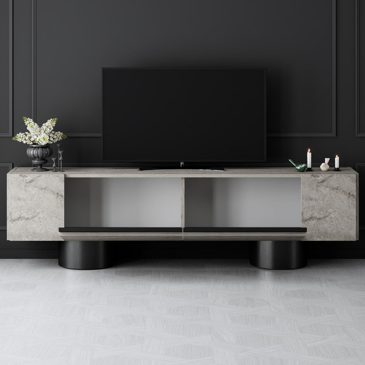 TV Meubel Travertijn Bohem 180x50x30 - Zwart Frame