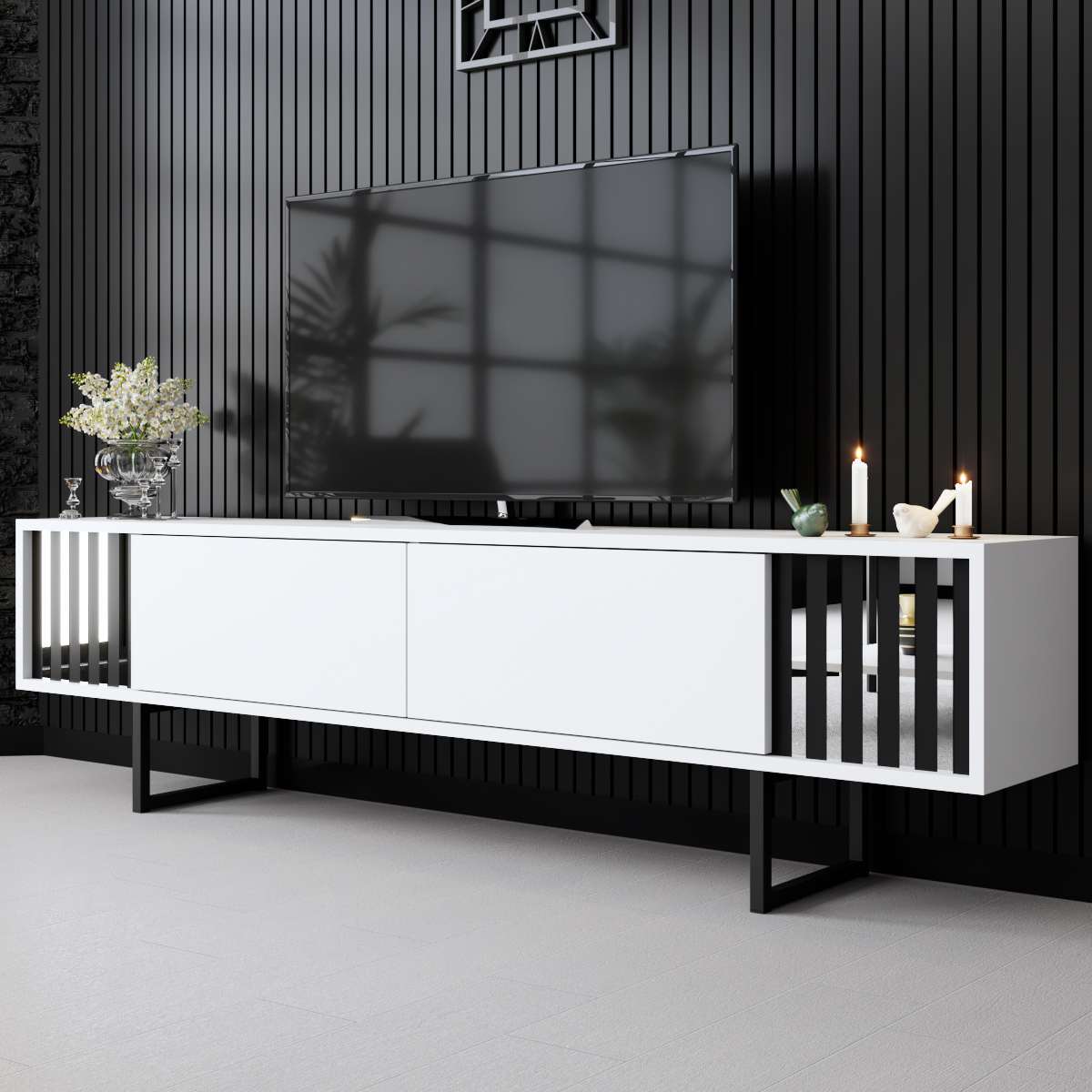 TV Meubel Wit Chrome Line 180x48x30 - Zwart Frame