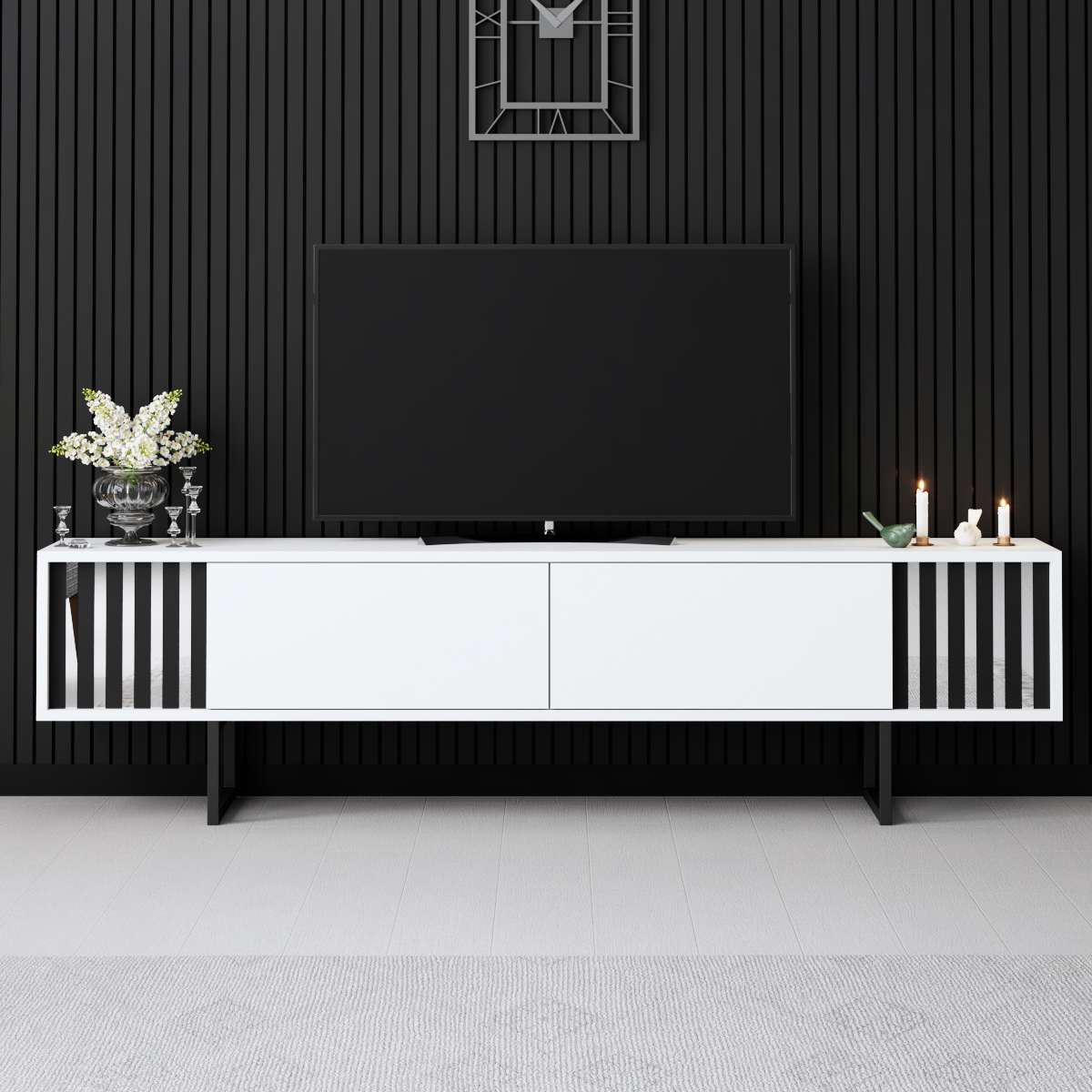 TV Meubel Wit Chrome Line 180x48x30 - Zwart Frame