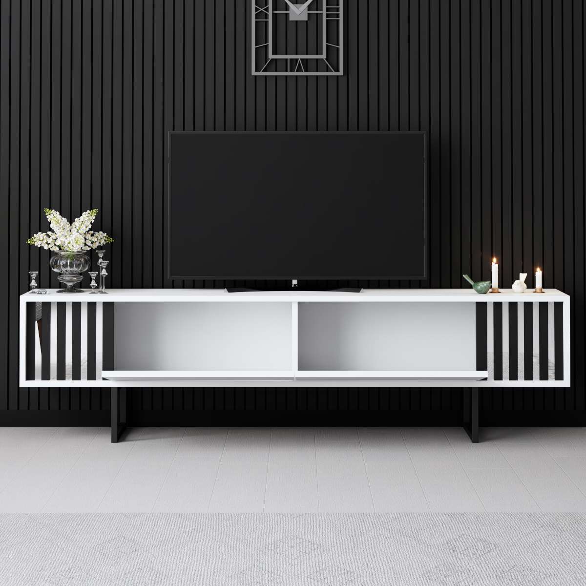 TV Meubel Wit Chrome Line 180x48x30 - Zwart Frame